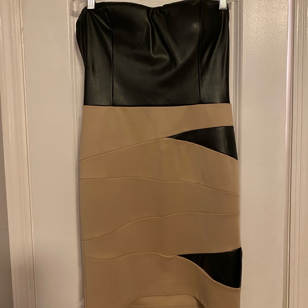 Black Faux Leather and Beige Mini Dress